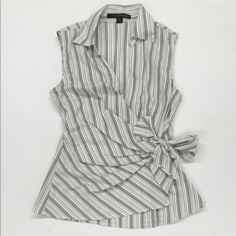 Express Design Studio Gray Striped Wrap Blouse